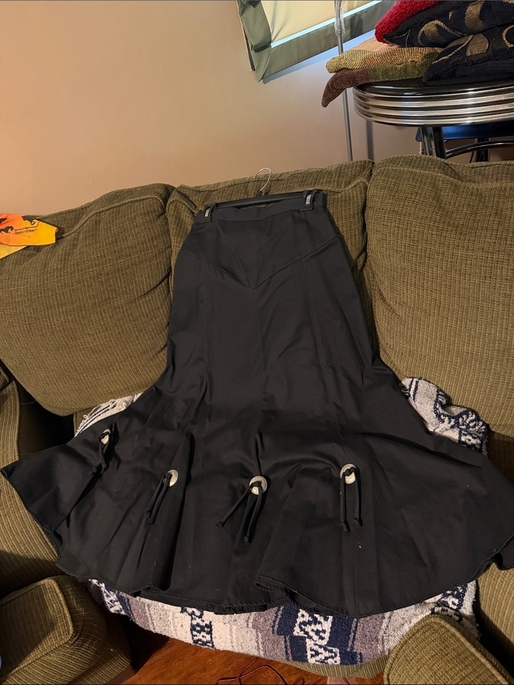 Black Women's Flared Skirt Polished cotton with Decorative Ties and conchos